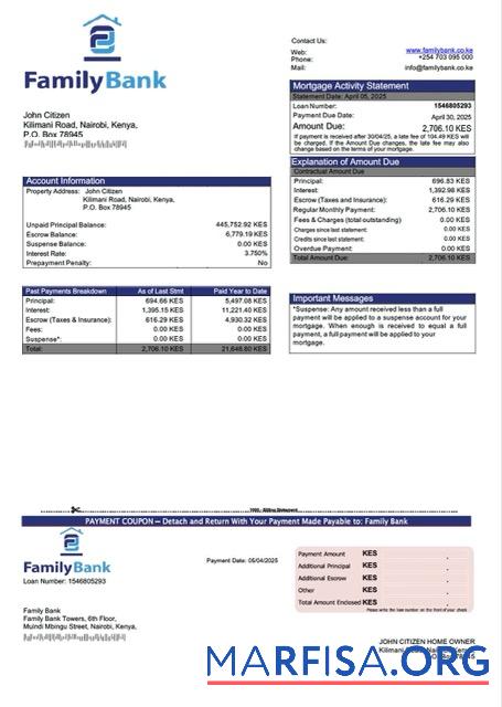 Printable Kenya Family Bank mortgage statement Word and PDF template
